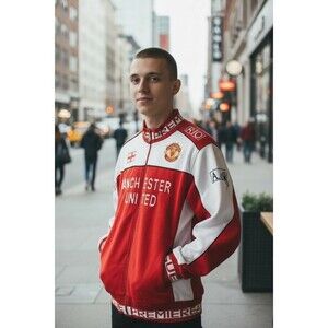 Vtg Manchester United Jacket Mens L Embroidered White Red  Premier League Soccer